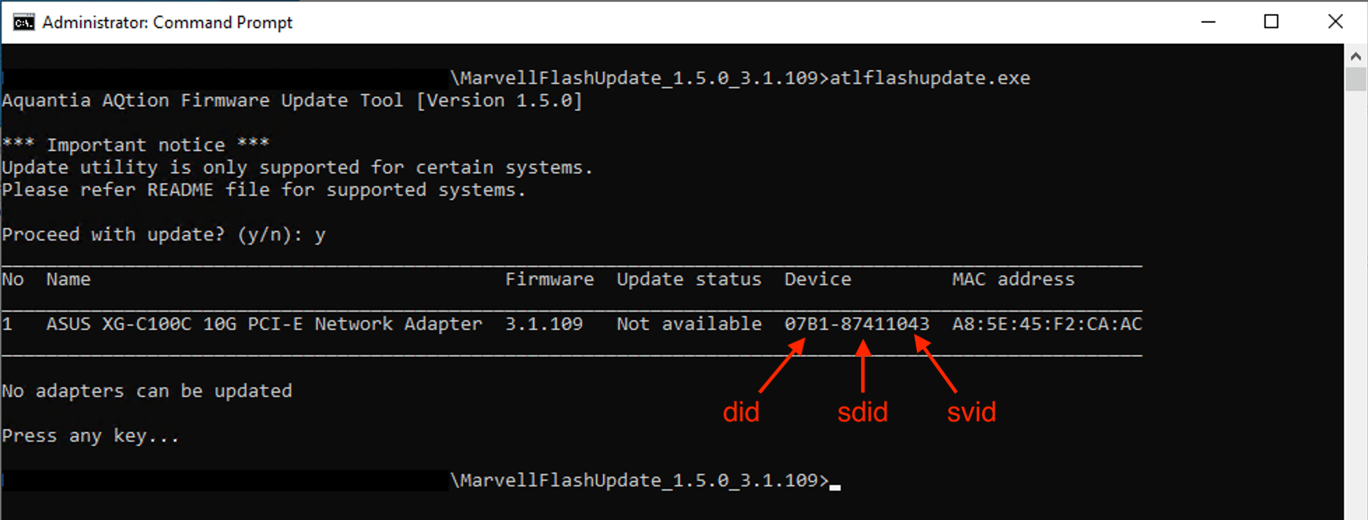 Marvell Aquantia AQtion firmware update tool screenshot to get DID, SDID, SVID.